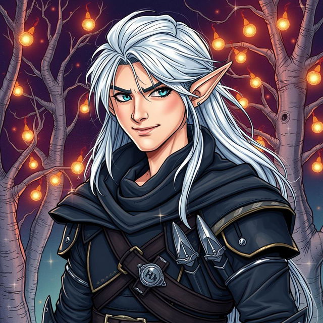 A handsome elf rogue inspired by Dungeons & Dragons, illustrated in a detailed drawing style