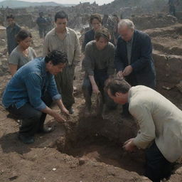 A heart-breaking scene where a group of survivors solemnly dig a grave amidst the ruins, burying the man's mother while he watches on, tears streaming down his face