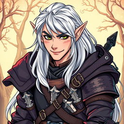 A handsome elf rogue inspired by Dungeons & Dragons, illustrated in a detailed drawing style