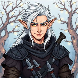 A handsome elf rogue inspired by Dungeons & Dragons, illustrated in a detailed drawing style