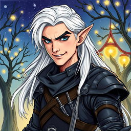 A handsome elf rogue inspired by Dungeons & Dragons, illustrated in a detailed drawing style
