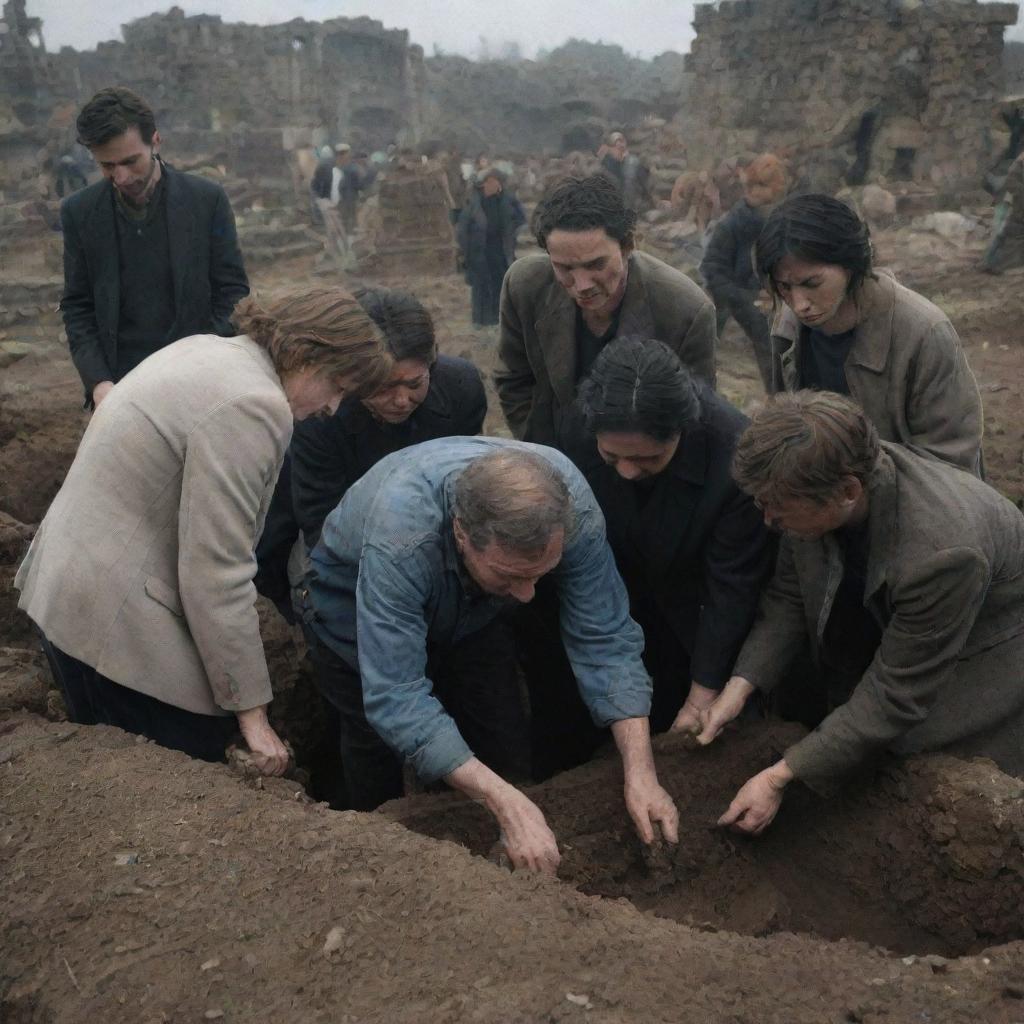 A heart-breaking scene where a group of survivors solemnly dig a grave amidst the ruins, burying the man's mother while he watches on, tears streaming down his face