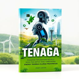 A futuristic book cover design for the topic 'Tenaga: Penggerak Perubahan Menuju Masa Depan yang Mampan'