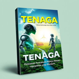 A futuristic book cover design for the topic 'Tenaga: Penggerak Perubahan Menuju Masa Depan yang Mampan'
