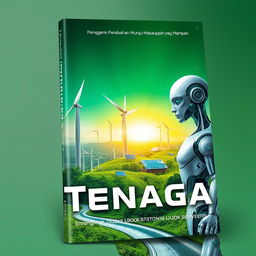A futuristic book cover design for the topic 'Tenaga: Penggerak Perubahan Menuju Masa Depan yang Mampan'