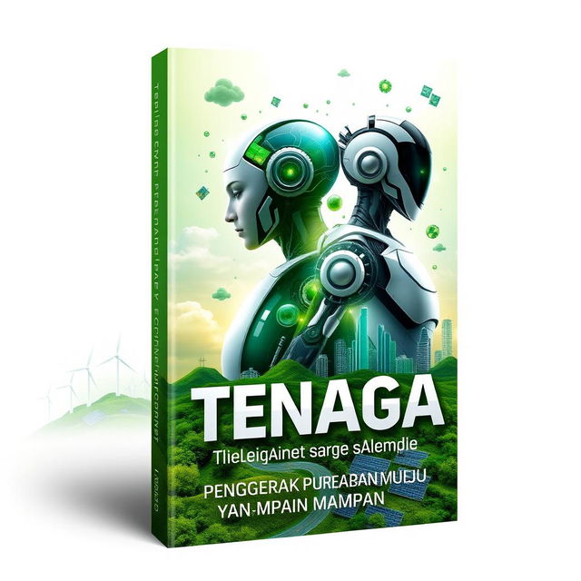 A futuristic book cover design for the topic 'Tenaga: Penggerak Perubahan Menuju Masa Depan yang Mampan'