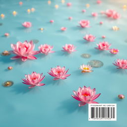A serene book back cover design featuring a light blue watery background, adorned with various shades of pink lotuses gently floating on the surface of the water