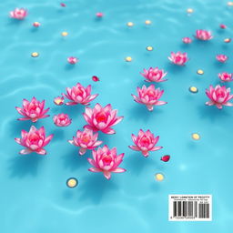 A serene book back cover design featuring a light blue watery background, adorned with various shades of pink lotuses gently floating on the surface of the water