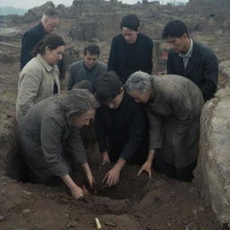 A heart-breaking scene where a group of survivors solemnly dig a grave amidst the ruins, burying the man's mother while he watches on, tears streaming down his face