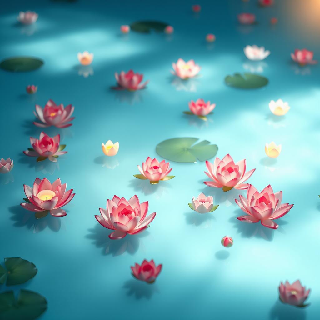 A serene book back cover design featuring a light blue watery background, adorned with various shades of pink lotuses gently floating on the surface of the water