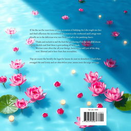 A serene book back cover design featuring a light blue watery background, adorned with various shades of pink lotuses gently floating on the surface of the water