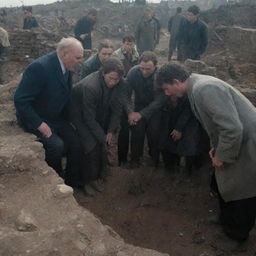 A heart-breaking scene where a group of survivors solemnly dig a grave amidst the ruins, burying the man's mother while he watches on, tears streaming down his face