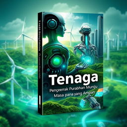 A futuristic book cover design for the topic 'Tenaga: Penggerak Perubahan Menuju Masa Depan yang Mampan'