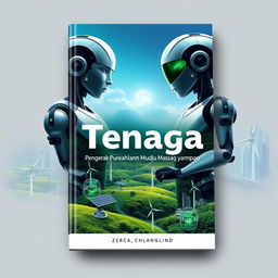 A futuristic book cover design for the topic 'Tenaga: Penggerak Perubahan Menuju Masa Depan yang Mampan'