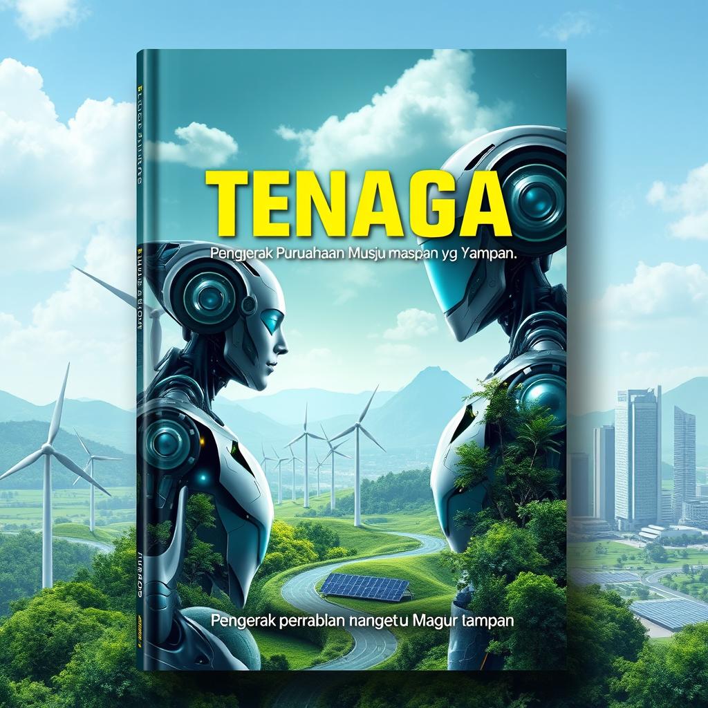 A futuristic book cover design for the topic 'Tenaga: Penggerak Perubahan Menuju Masa Depan yang Mampan'