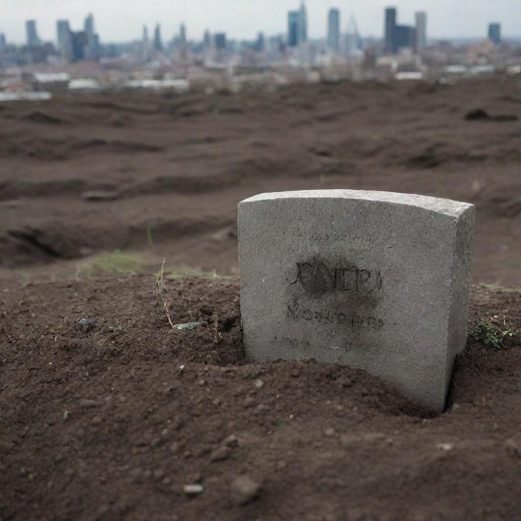 A touching close-up scene depicting the final resting place of the man's mother, freshly covered with earth, and marked with a simple gravestone within the devastated cityscape