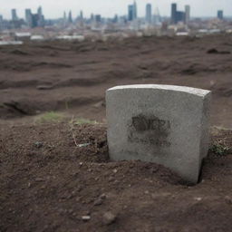 A touching close-up scene depicting the final resting place of the man's mother, freshly covered with earth, and marked with a simple gravestone within the devastated cityscape