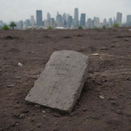 A touching close-up scene depicting the final resting place of the man's mother, freshly covered with earth, and marked with a simple gravestone within the devastated cityscape