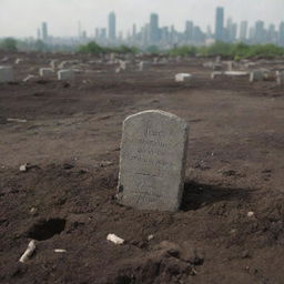 A touching close-up scene depicting the final resting place of the man's mother, freshly covered with earth, and marked with a simple gravestone within the devastated cityscape