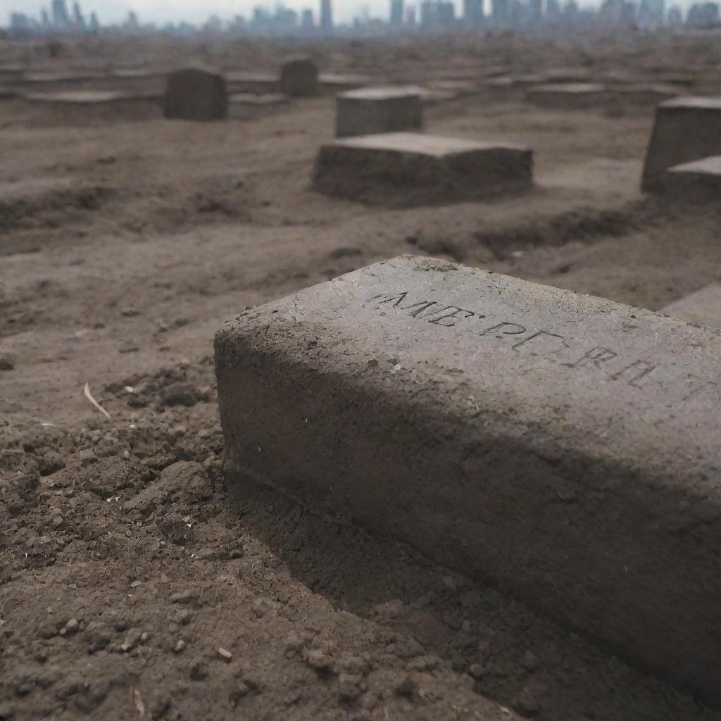 A touching close-up scene depicting the final resting place of the man's mother, freshly covered with earth, and marked with a simple gravestone within the devastated cityscape