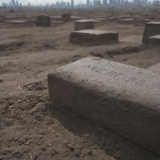 A touching close-up scene depicting the final resting place of the man's mother, freshly covered with earth, and marked with a simple gravestone within the devastated cityscape