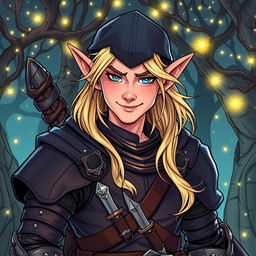 A handsome elf rogue inspired by Dungeons & Dragons, illustrated in a detailed drawing style