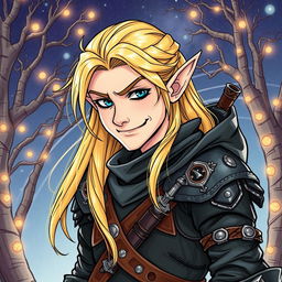 A handsome elf rogue inspired by Dungeons & Dragons, illustrated in a detailed drawing style
