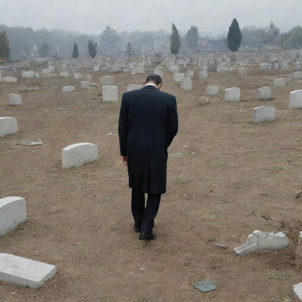 A poignant scene of the man walking away from the grave, shoulders hunched and tears flowing down his face, returning to the remnants of his home in the disaster-stricken city