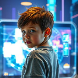 A young boy with short, tousled hair looking back over his shoulder, with a curious expression on his face