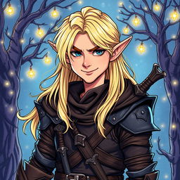 A handsome elf rogue inspired by Dungeons & Dragons, illustrated in a detailed drawing style