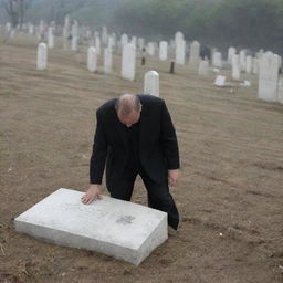 A poignant scene of the man walking away from the grave, shoulders hunched and tears flowing down his face, returning to the remnants of his home in the disaster-stricken city