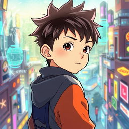 A young boy with short, spiky hair and a determined expression looking back over his shoulder, surrounded by an artistic, manhwa-style illustration
