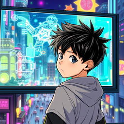A young boy with short, spiky hair and a determined expression looking back over his shoulder, surrounded by an artistic, manhwa-style illustration