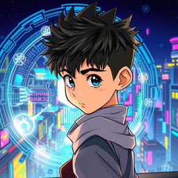 A young boy with short, spiky hair and a determined expression looking back over his shoulder, surrounded by an artistic, manhwa-style illustration