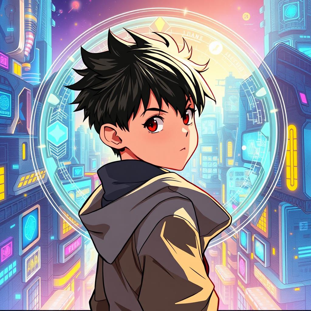 A young boy with short, spiky hair and a determined expression looking back over his shoulder, surrounded by an artistic, manhwa-style illustration