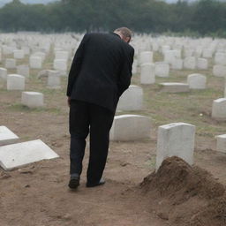 A poignant scene of the man walking away from the grave, shoulders hunched and tears flowing down his face, returning to the remnants of his home in the disaster-stricken city