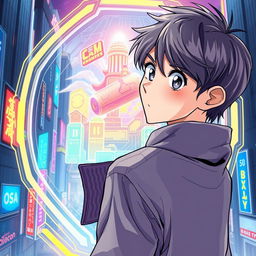 A teenager with medium-length, stylish hair and a thoughtful expression looking back over his shoulder