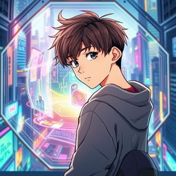 A teenager with medium-length, stylish hair and a thoughtful expression looking back over his shoulder