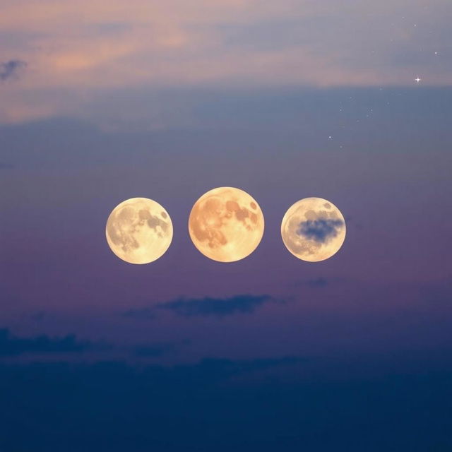 Three beautiful, luminous moons aligning perfectly in a stunning early evening sky, showcasing various shades of blue and purple hues as the sun sets