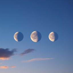 Three beautiful, luminous moons aligning perfectly in a stunning early evening sky, showcasing various shades of blue and purple hues as the sun sets