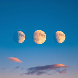 Three beautiful, luminous moons aligning perfectly in a stunning early evening sky, showcasing various shades of blue and purple hues as the sun sets