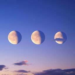 Three beautiful, luminous moons aligning perfectly in a stunning early evening sky, showcasing various shades of blue and purple hues as the sun sets