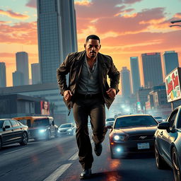 A dynamic and action-packed teaser trailer scene for an imagined live-action adaptation of GTA: San Andreas, set in 2025, starring Will Smith as the lead character