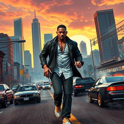 A dynamic and action-packed teaser trailer scene for an imagined live-action adaptation of GTA: San Andreas, set in 2025, starring Will Smith as the lead character