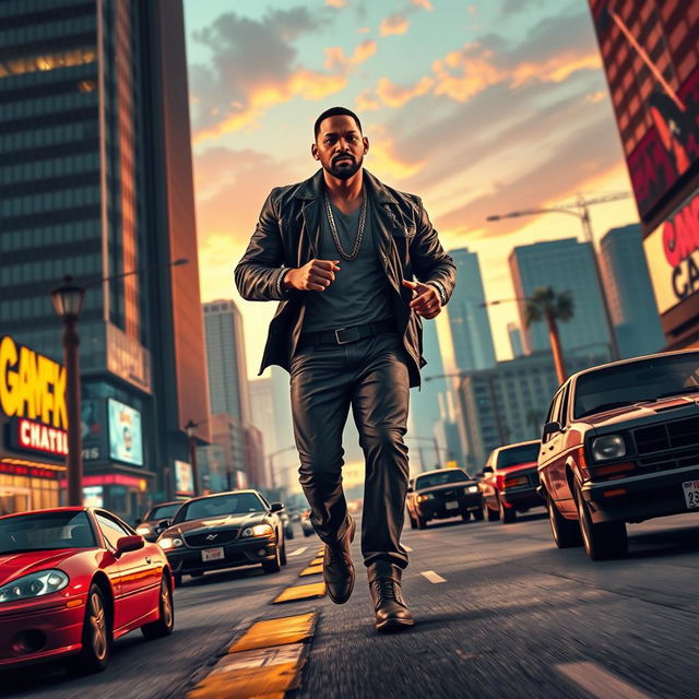 A dynamic and action-packed teaser trailer scene for an imagined live-action adaptation of GTA: San Andreas, set in 2025, starring Will Smith as the lead character