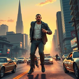 A dynamic and action-packed teaser trailer scene for an imagined live-action adaptation of GTA: San Andreas, set in 2025, starring Will Smith as the lead character