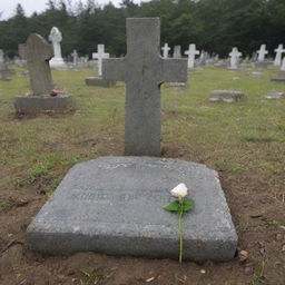 A peaceful cemetery scene three years post-disaster. A fresh grave lies beside the weathered tombstone of the man's mother, marking the final resting place of the man who survived the tsunami but is now at peace