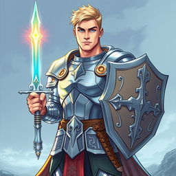 An illustration of a handsome human paladin inspired by Dungeons & Dragons, depicted in a detailed drawing style