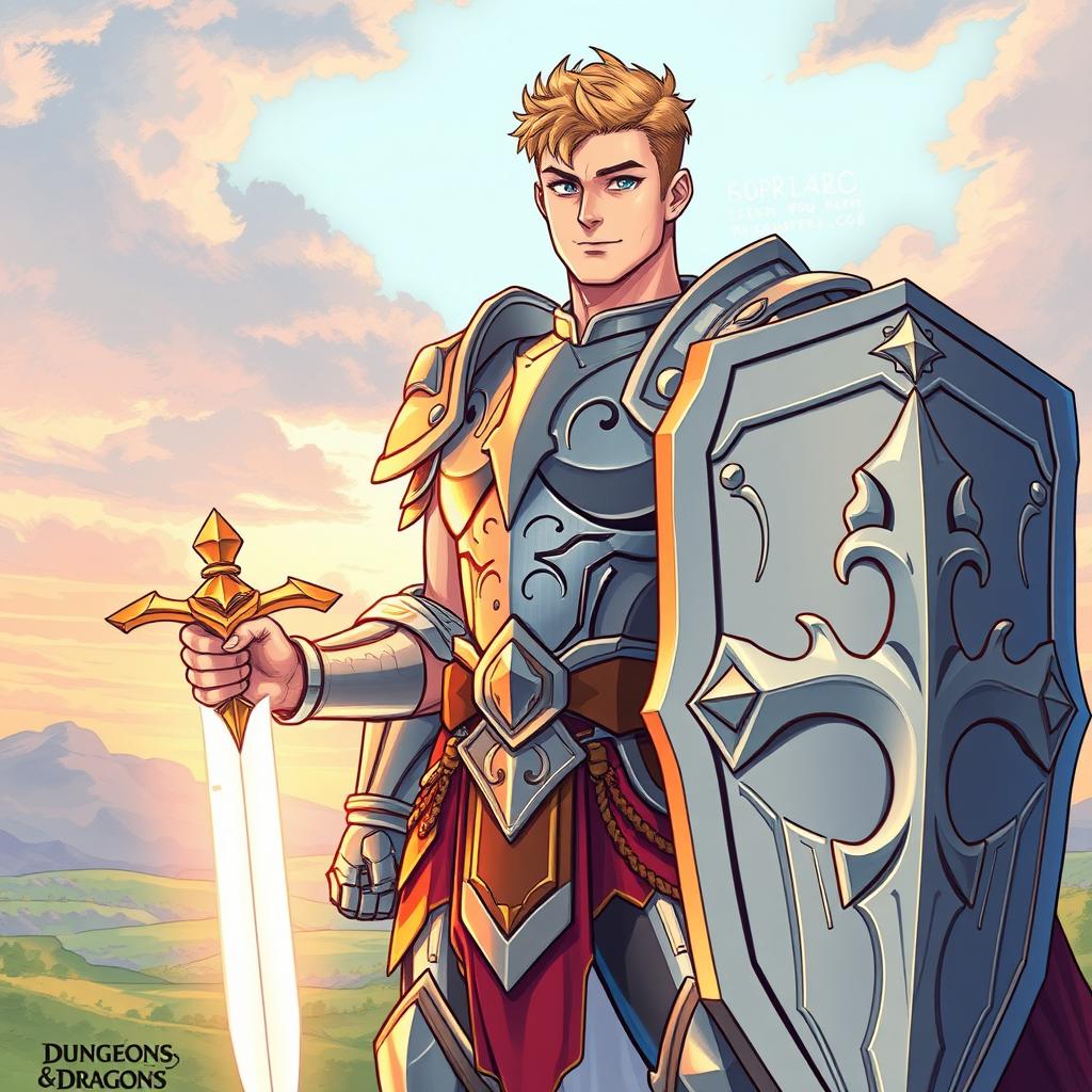 An illustration of a handsome human paladin inspired by Dungeons & Dragons, depicted in a detailed drawing style