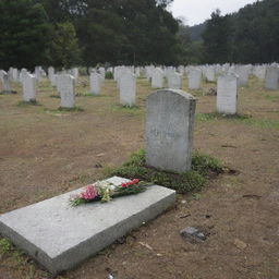 A peaceful cemetery scene three years post-disaster. A fresh grave lies beside the weathered tombstone of the man's mother, marking the final resting place of the man who survived the tsunami but is now at peace